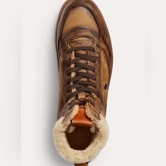 Men's Polo Ralph Lauren Brown Leather Shearling Court High Top Sneakers New - Picture 3 of 10
